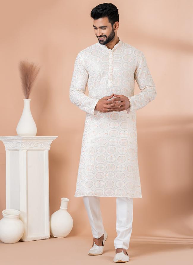 Georgette White Festival Wear Sequins Work Readymade Kurta Pajama